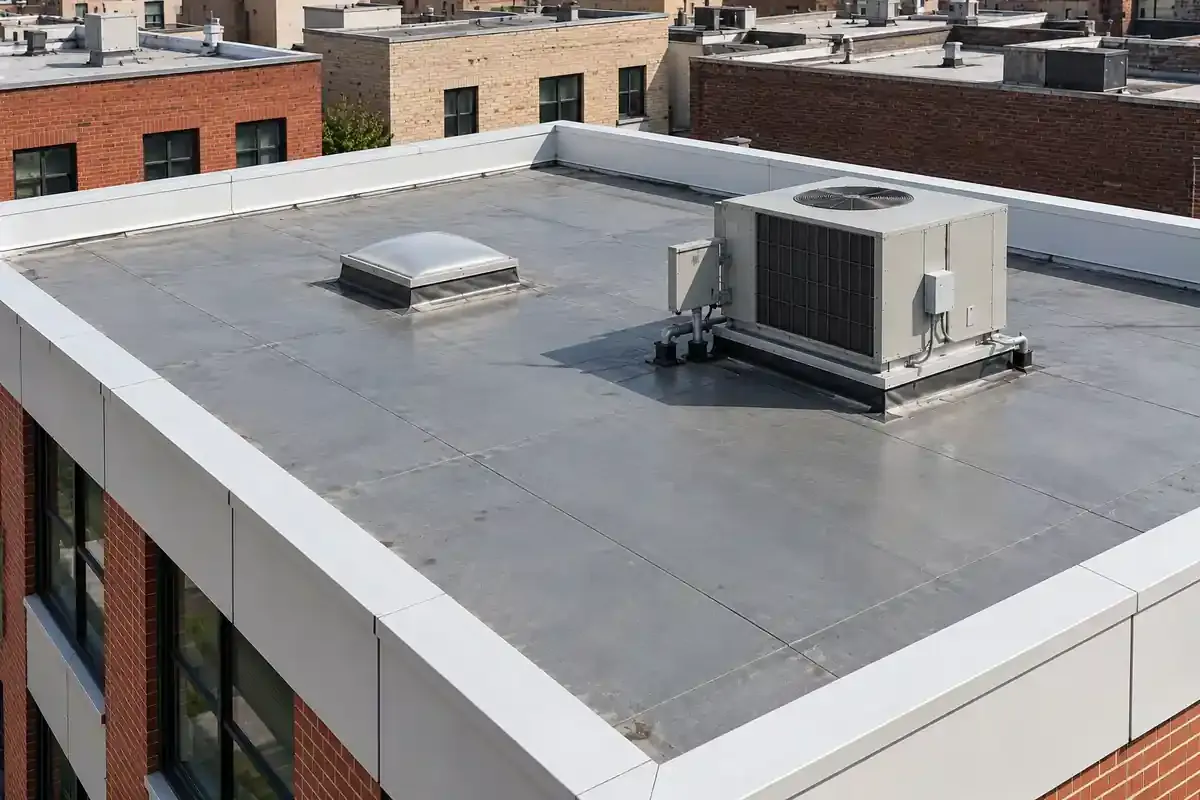 Commercial Flat Roofing in Brooklyn, NY Commercial flat roofing with HVAC unit and skylight in Brooklyn, NY