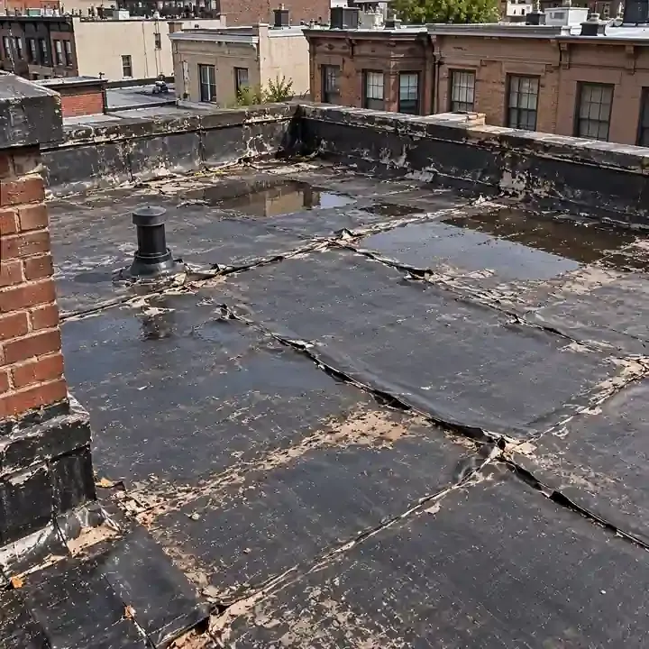 Weathered EPDM rubber roofing membrane on a flat Brooklyn rooftop with torn seams, wrinkles, standing water, damaged flashing, and worn roof edges before repair.