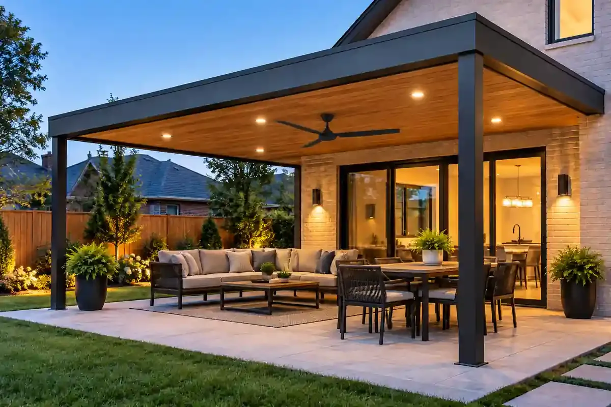 Flat Roof Patio Cover in Brooklyn NY Modern flat-roof patio cover with ceiling fan and recessed lights in Brooklyn, NY