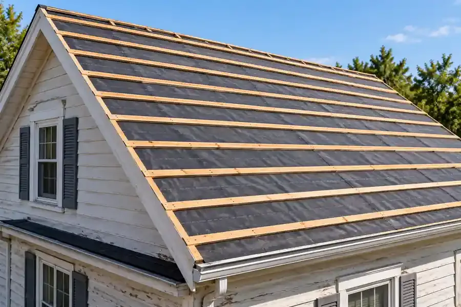 Gable roof installation in Brooklyn, NY, featuring waterproof roofing underlayment and wooden battens on an older home.
