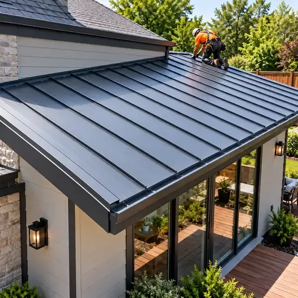 Z&K Roofer installing metal panels on a residential shed roof