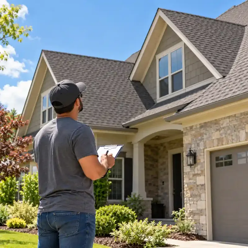Roofing contractor in a casual gray T-shirt inspecting the shingle roof of a residential home from the front yard.